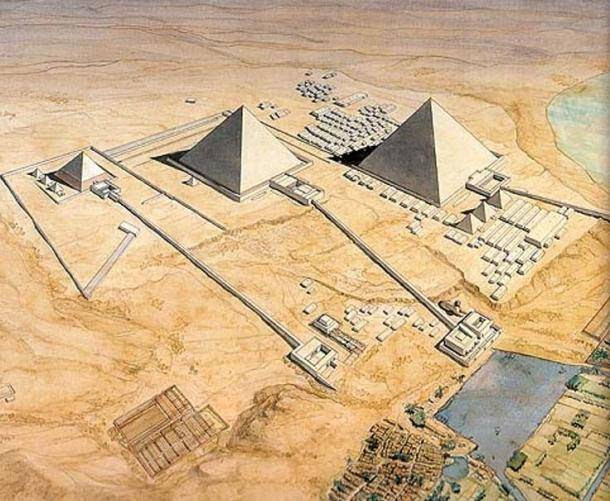 Reconstrucción artística de las pirámides de Guiza y las calzadas que conducen a cada una.