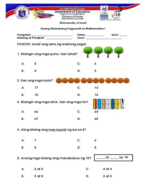  first quarter test in mathematics for grade one pdf