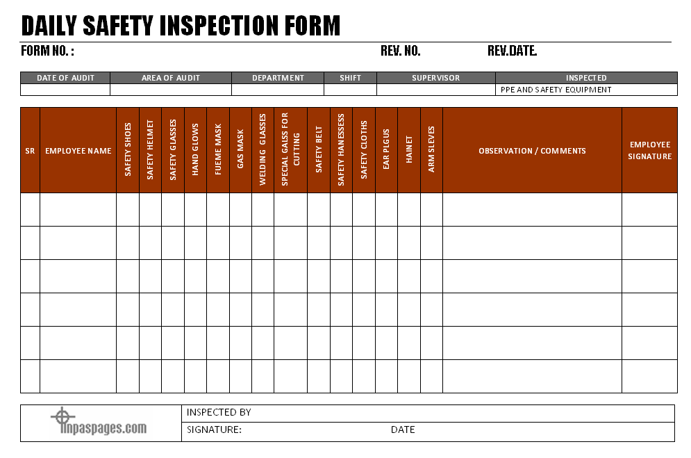 Daily Safety Inspection Form Format - Health & Safety