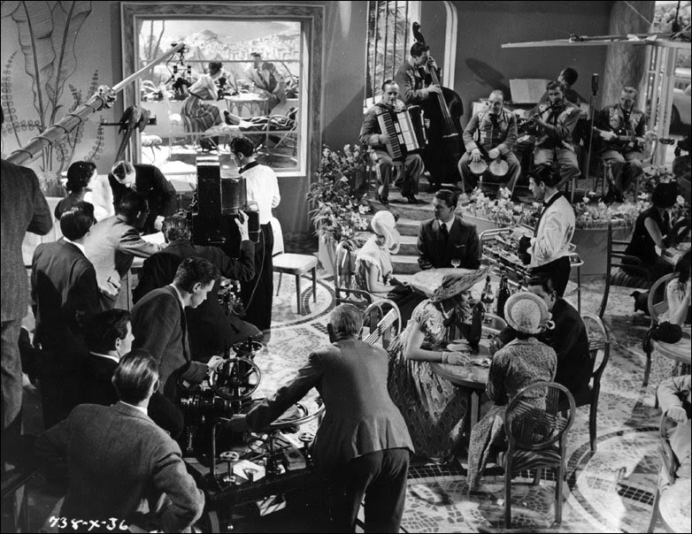 The film crew shooting a restaurant scene for the film comedy classic 'The Lavender Hill Mob'