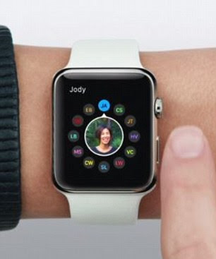 This image shows the crown being used to select contacts after the button on the side has been pressed