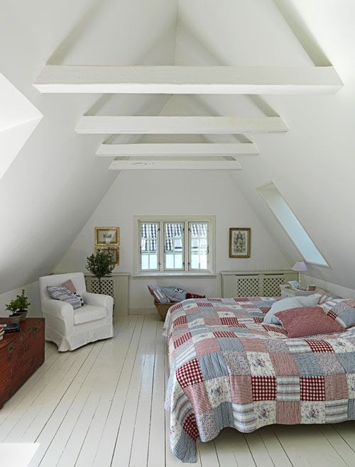 Country Style attic bedroom...white walls and lovely red and blue patchwork quilt from Modern Country Style blog: Summer Home Tour In Demark