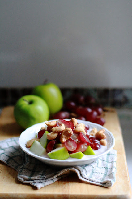 Healthy Yummy Breakfast - Grapes, Apples, Yoghurt, Cashew Nuts