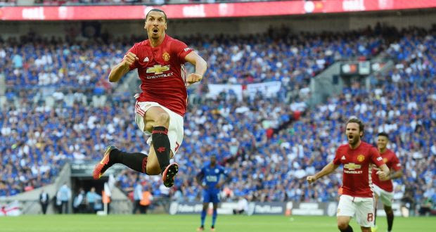 Manchester Utd’s Zlatan Ibrahimovic celebrates after scoring against Leicester during the FA Community Shield between Manchester United and Leicester City at Wembley Stadium. Photo: Andy Rain/PA