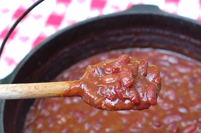 Big pot of barbecued beans by Eve Fox, Garden of Eating blog, copyright 2011