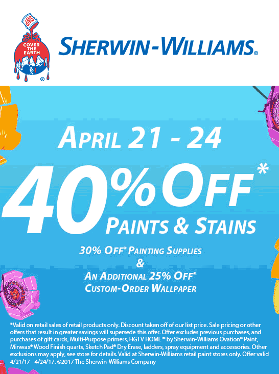 Sherwin Williams Coupons - 40% off paints & stains at Sherwin Williams