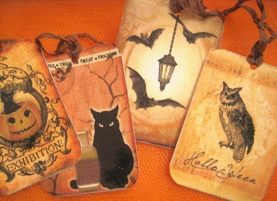 Vintage Halloween Gift Tags - Retro - Children - Witches - Bats - Cats - Embossed - Glass Glitter - Buy Three Get One Free