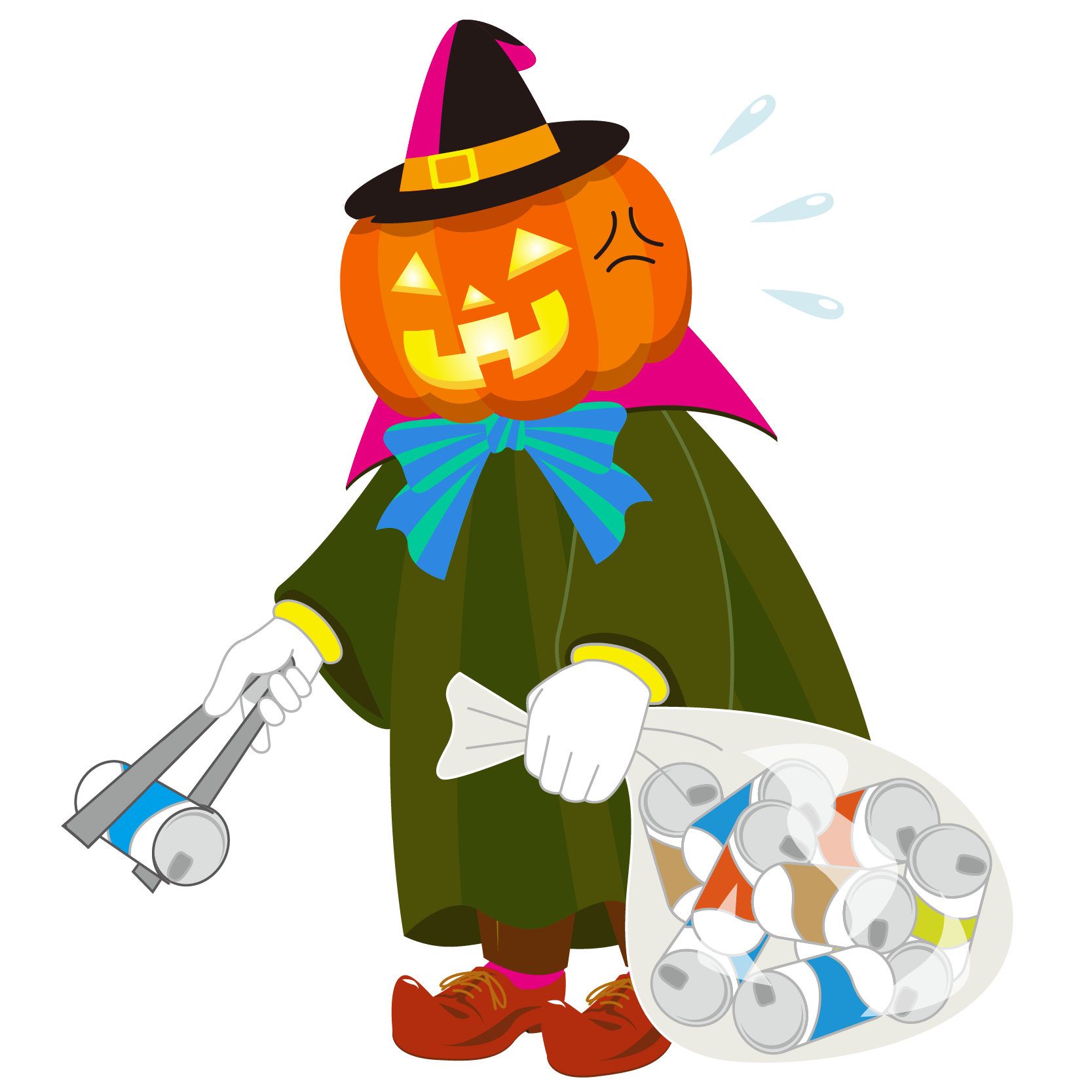 商用フリーイラスト 無料 10月 ハロウィン ゴミ拾いかぼちゃ 掃除 Halloween No Littering ポイ捨て禁止 商用ok フリー素材集 ナイスなイラスト