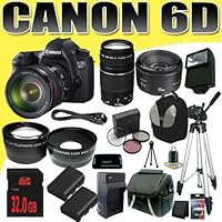 Canon EOS 6D 20.2 MP Full-Frame CMOS Digital SLR with 24-105mm f/4.0L IS USM AF Lens and Canon EF 75-300mm f/4-5.6 III Telephoto Zoom Lens and Canon EF 50mm f/1.8 II SLR Lens TWO LP-E6 Replacement Lithium Ion Battery w/ External Rapid Charger 32GB SDHC Class 10 Memory Card Wide Angle / Telephoto Lenses Filter Kit Full Size Tripod External Slave Flash Deluxe SLR Carrying Case Mini HDMI Cable Deluxe Starter Kit DavisMAX Bundle