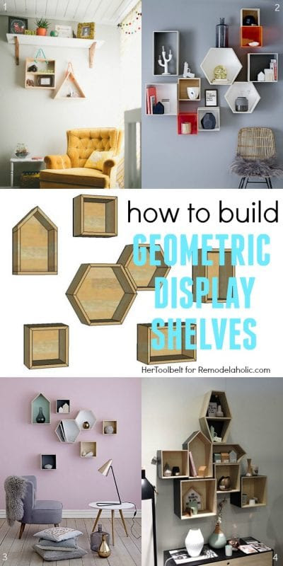 How to Build Easy Geometric Display Shelves - simple building plans for square, rectangle, triangle, hexagon, and house-shaped wall shelves