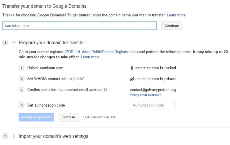 Transferring a domain to Google Domains