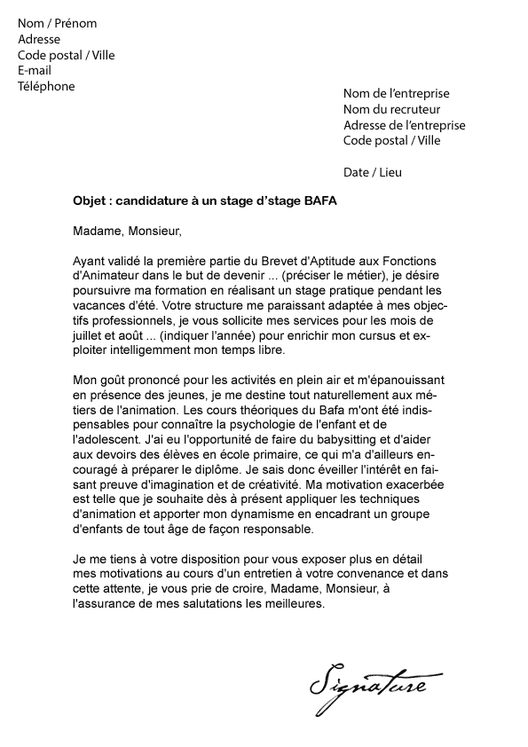 Lettre de motivation Stage BAFA  Modèle de Lettre