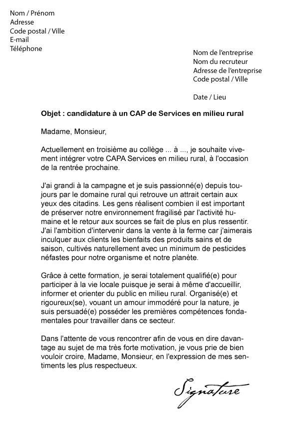 Lettre de motivation CAP Services en milieu rural - Modèle 