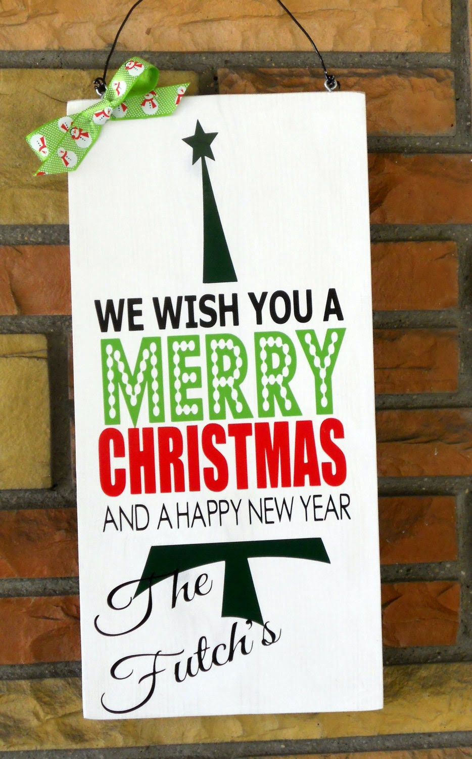 9 1/4x 19" Wooden Handpainted Sign We Wish You Merry Christmas Sign Vertical WIth Personalized Family Name