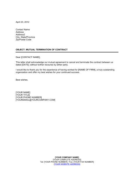 Contract Termination Letter Free Printable Documents