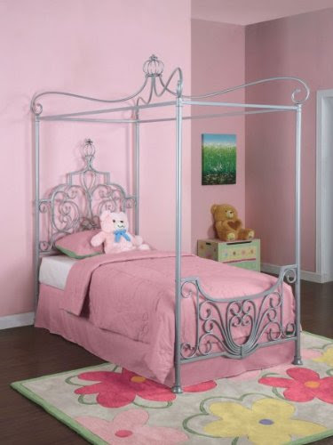 Twin Size Rebecca Canopy Bed in Shiny Sparkle Silver Finish - Princess Collection