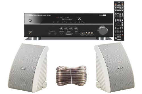 Yamaha 3D-Ready 5.1-Channel 500 Watts Digital Home Theater Audio/Video Receiver with 1080p-compatible HDMI repeater & Upgraded CINEMA DSP + Set of 2 Yamaha All Weather Indoor / Outdoor 150 watt Wall Mountable Natural Sound 2-way Acoustic Suspension Speakers - White + 100ft 16 AWG Speaker Wire