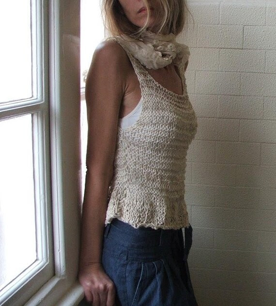 Ivory Cream Cotton and Linen loose weave summer tank, T.shirt