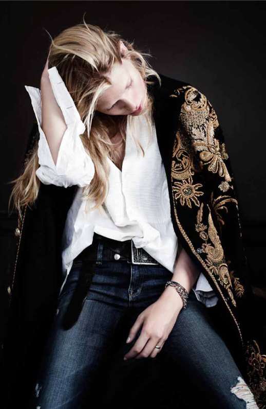 LE FASHION BLOG EDITORIAL VOGUE JAPAN NIPPON  Iselin Steiro WESTERN LAID BACK MESSY HAIR BASIC GOLD EMBROIDERED  JACKET VELVET BUTTON DOWN WHITE SHIRT RIPPED TORN DENIM JEANS SILVER GUNMETAL CHAIN ID BRACELET BIG BELT BUCKLE 3