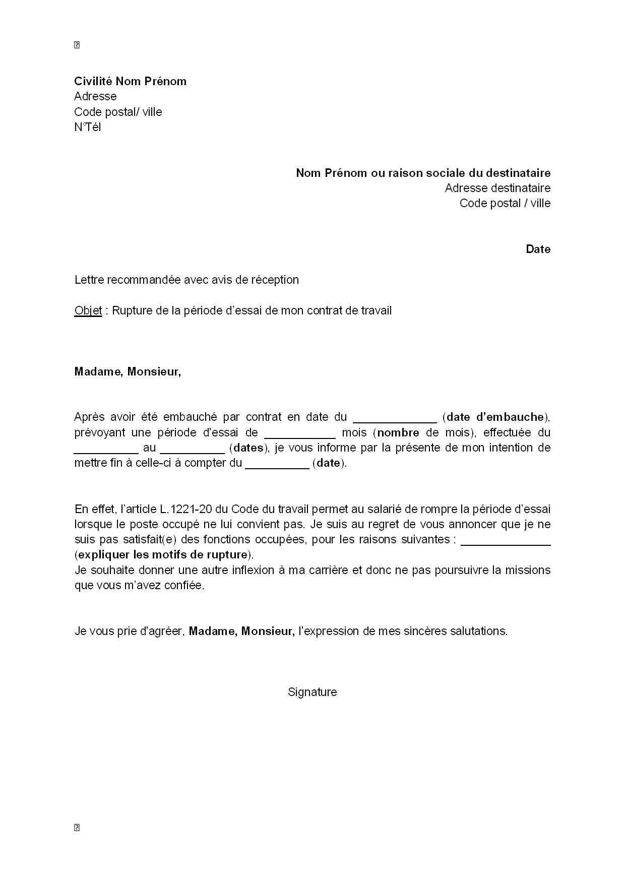 Lettre rupture période d