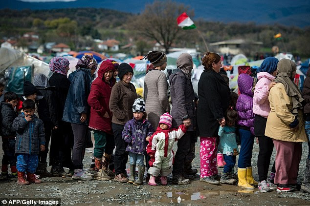 Long line: People queue up for food distributed at a makeshift camp at the Greek-Macedonian border near the village of Idomeni. as the government reported zero new arrivals in 24 hours