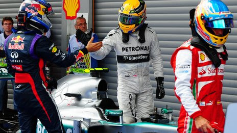 Sebastian Vettel (left) Lewis Hamilton (centre) and Fernando Alonso