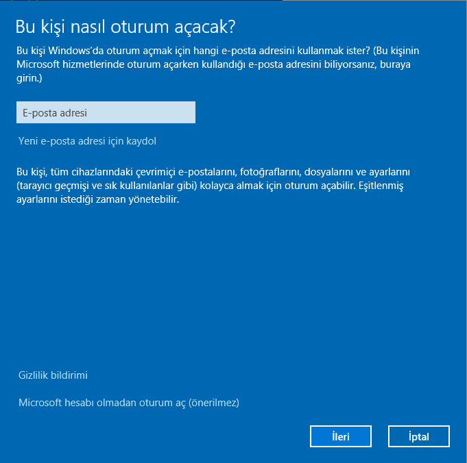 Windows 10 misafir hesabı açma