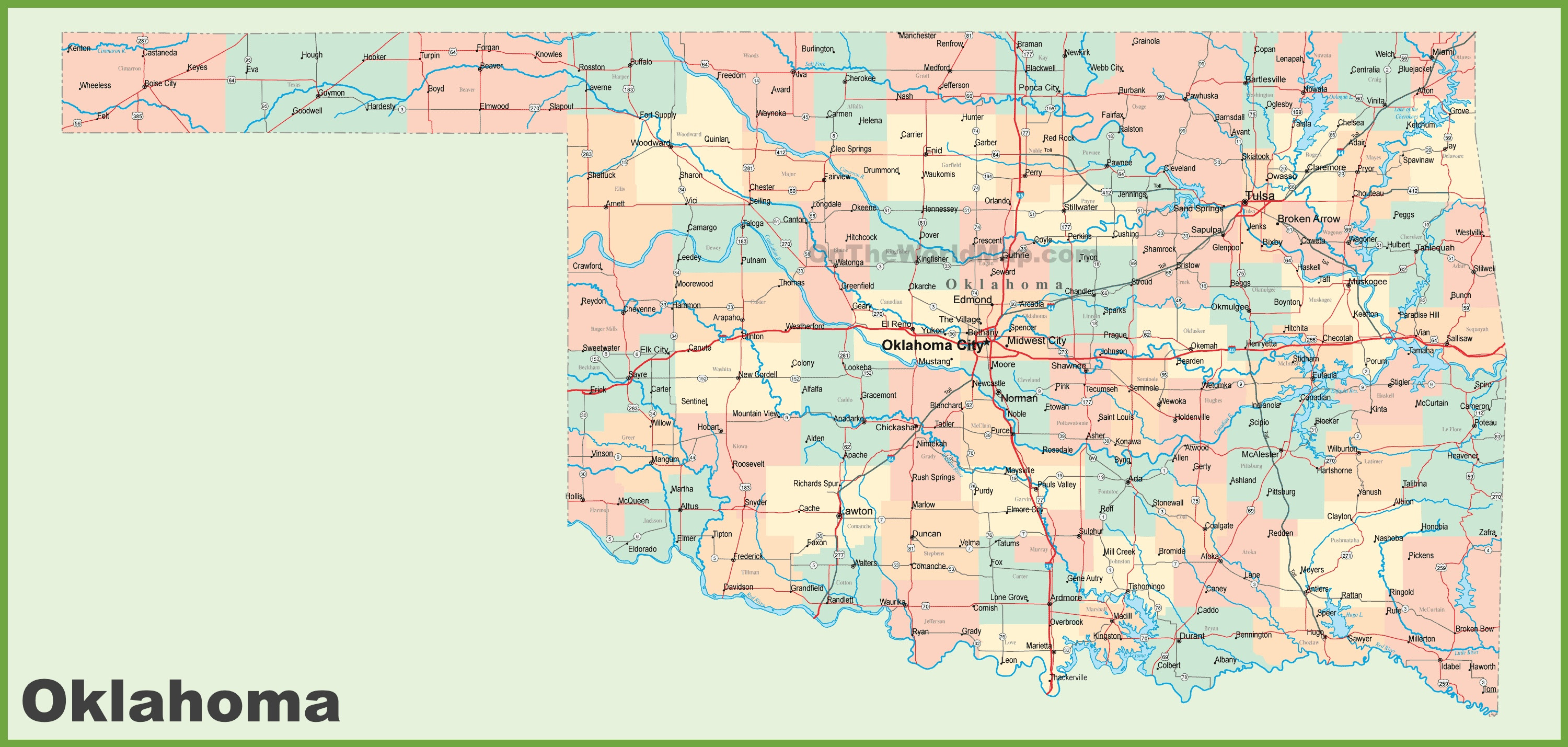 Oklahoma Map With Towns Road map of Oklahoma with cities
