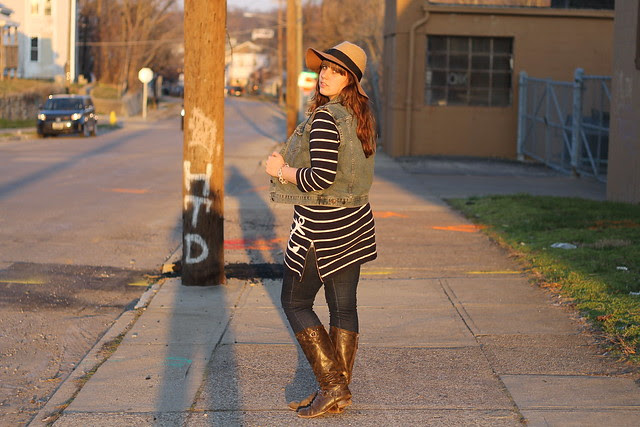 Spring Sunset outfit: striped mariner anchor dress from J.Crew, altered vintage denim vest, brown boots, skinny jeans, wide-brimmed wool hat - Anthropologie "sweaterknit rancher"