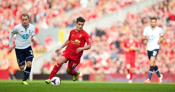 LIVERPOOL, ENGLAND - Sunday, March 30, 2014: Liverpool's Philippe Coutinho Correia in action against Tottenham Hotspur during the Premiership match at Anfield. (Pic by David Rawcliffe/Propaganda)