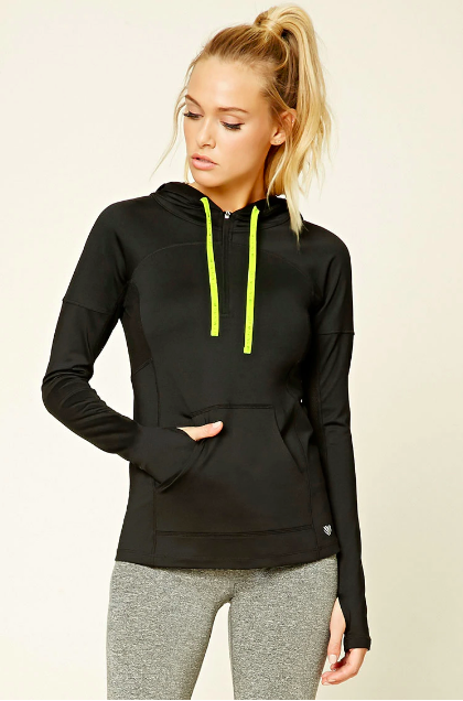 A black pullover with drawstrings that add a pop of color.