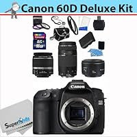 New Canon EOS 60D DSLR Camera with 3 Canon Lens Pro Pack: Includes - Canon EF-S 18-55mm f/3.5-5.6 IS Lens - Canon Zoom Telephoto EF 75-300mm III - Canon EF 50mm f1.8 II Autofocus Lens, Also Includes Deleuxe Camera Bag, Extra Battery & Travel Charger, 16GB SDHC Card & Card Reader, 3 Piece Pro Filter Kit with 2 Extra UV Filters, Full accesory kit and much more...