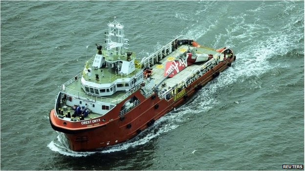 Tail of AirAsia flight on board a ship (11 Jan 2015)