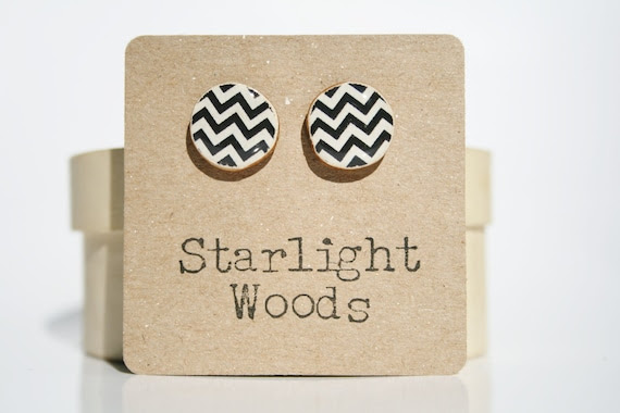 Chevron studs earrings black and white chevron geometric jewelry Chevron jewelry eco fashion eco-friendly starlight woods cyber monday etsy