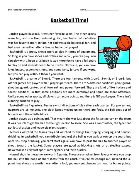 Reading comprehension is important for understanding the content that is actually being read; basketball time reading comprehension worksheet have fun teaching