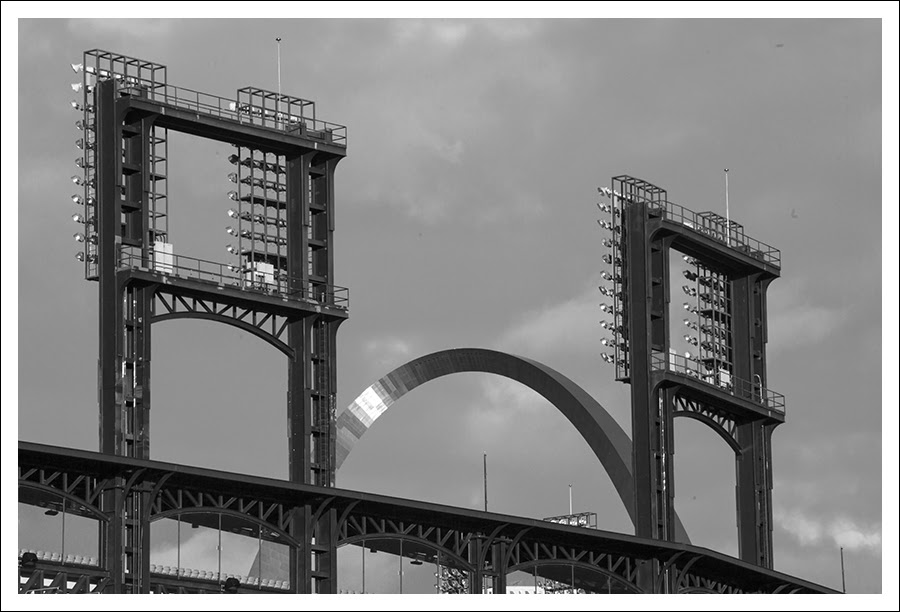 Busch Stadium and Arch - Sunset 2 BW