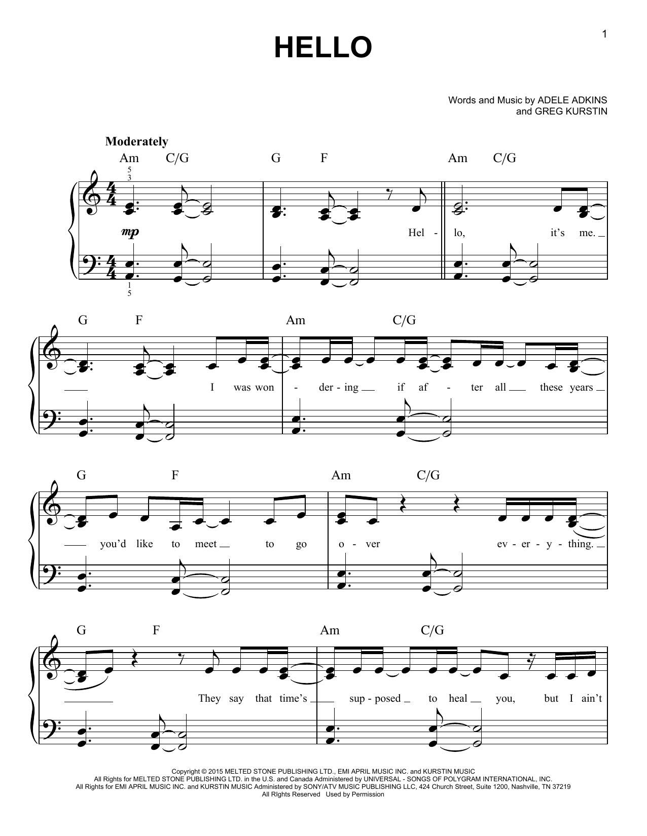 Hello sheet music by Adele (Easy Piano â 162059)