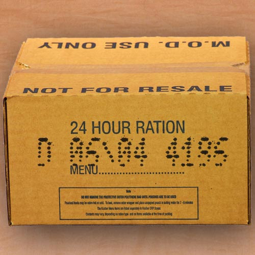 Exploded view of the ration pack, showing typical contents range.