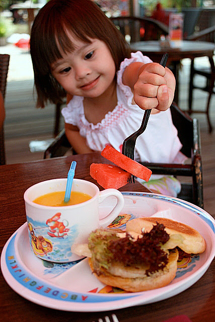 Chicky Muffin Meal - chicken patty on toasted english muffin, watermelon, orange juice