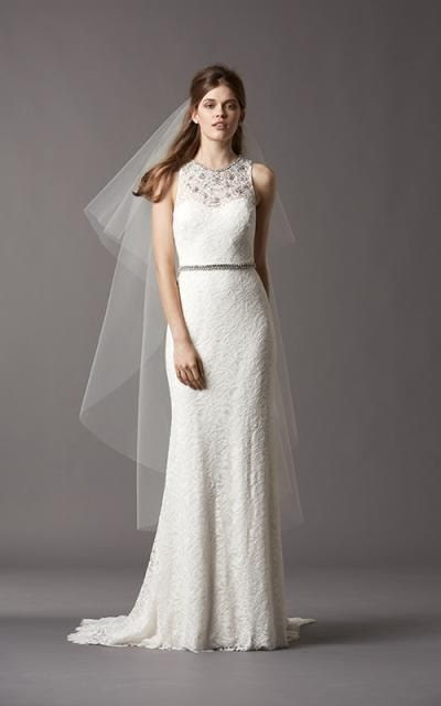 This stunning gown features beaded lace, a jewel necklace illusion neckline and a crystal encrusted bodice - absolutely gorgeous | Watters