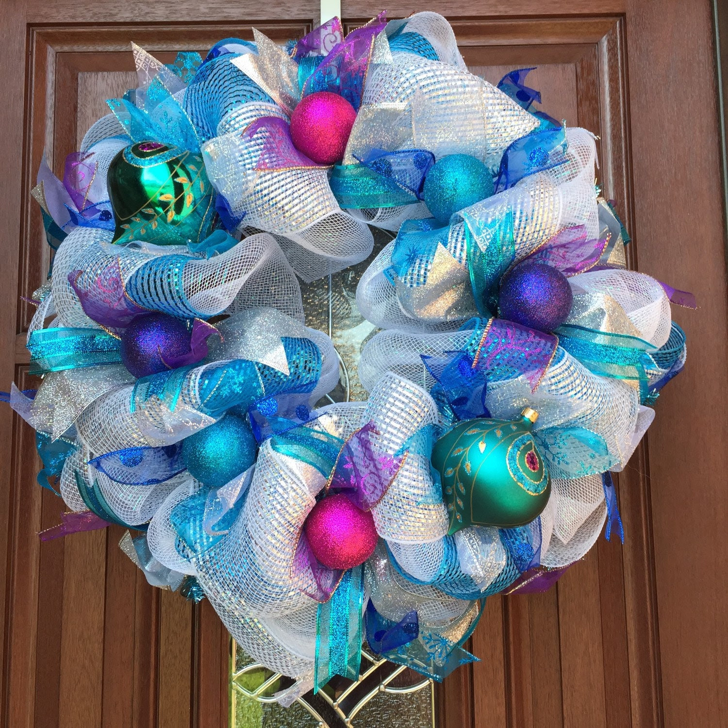 Blue Christmas Wreath - Blue Peacock Inspired Deco Mesh Wreath - Holiday Birthday Wreath - Christmas Decor Frozen wreath purple teal