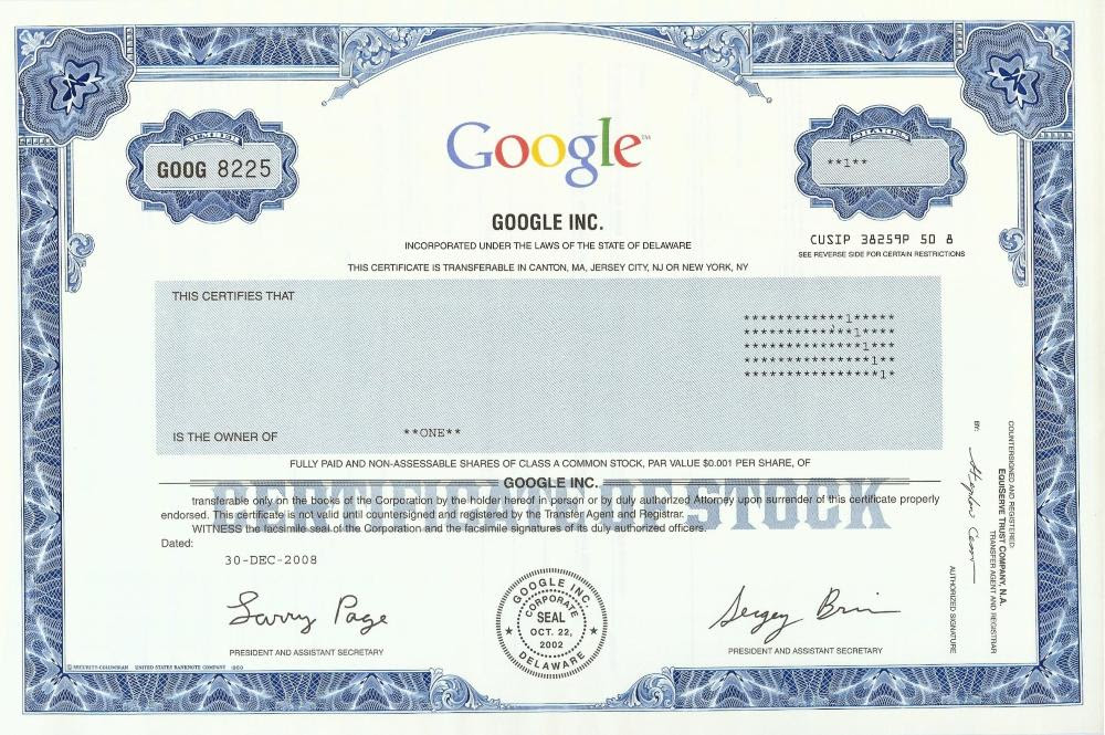 Alphabet inc.'s stock symbol is goog and currently trades under nasdaq. Google Stock Certificate