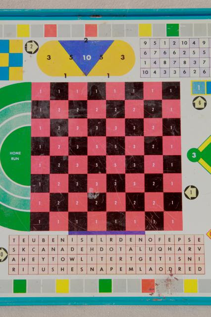 vintage metal game board lap tray w/ travel games, folding ...