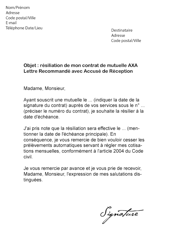 Lettre de résiliation Mutuelle (AXA) - Modèle de Lettre