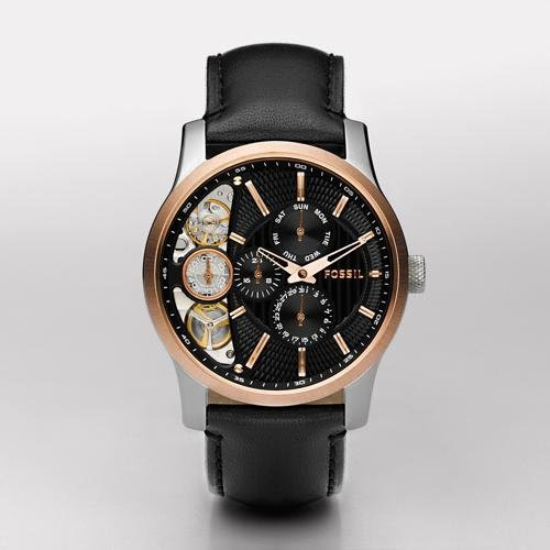 Fossil Men's ME1099 Black Leather Strap Textured Black Cutaway Analog Dial Chronograph Watch