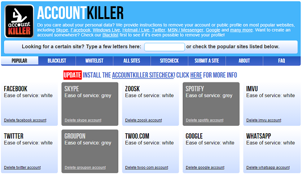 AccountKiller.com guides you on how to delete your online accounts from popular websites.