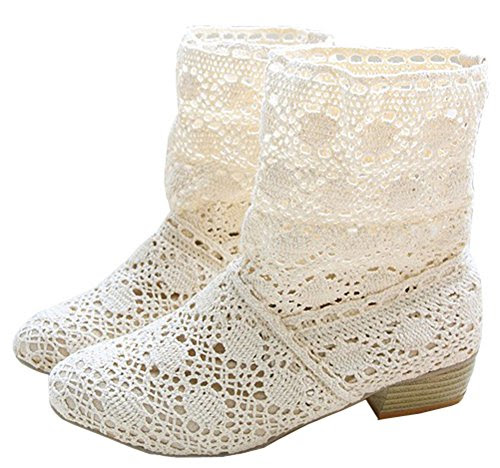 IDIFU Women's Sweet Hollow Out Chunky Mid Heels Short Riding Ankle Boots White 6 B(M) US