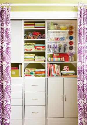 Pretty fabric panels hide this space’s hardest worker: a closet lined with assemble-yourself storage components. These stackable boxes and drawers organize everything from fabric to notions. Pegboard puts even the smallest wall space to work stowing tools and essentials so they are orderly yet within reach. Best of all, you can close the panels to conceal the creative clutter.