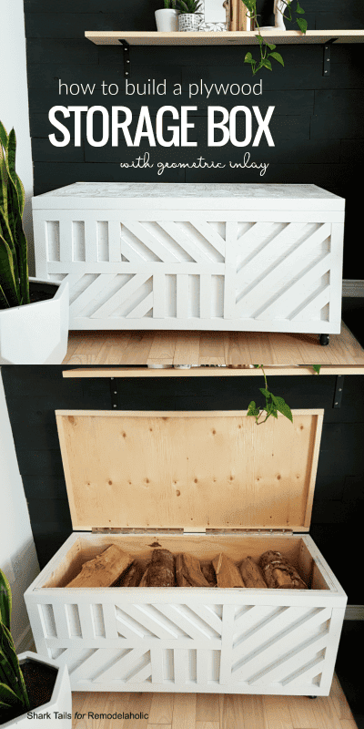 This plywood storage box is easy to build from just ONE sheet of 3/4" plywood and it's perfect for storing firewood for a woodburning stove, board games, blankets and pillows, or holiday decorations. The added geometric inlay pattern takes it from functional to fabulous and makes it a conversation piece for your living room! Use this as a coffee table or ottoman, or as a bench for added seating.