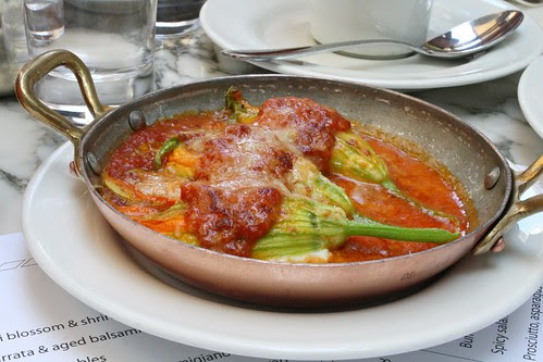 Squash Blossoms with Goat Cheese in Tomato Sauce